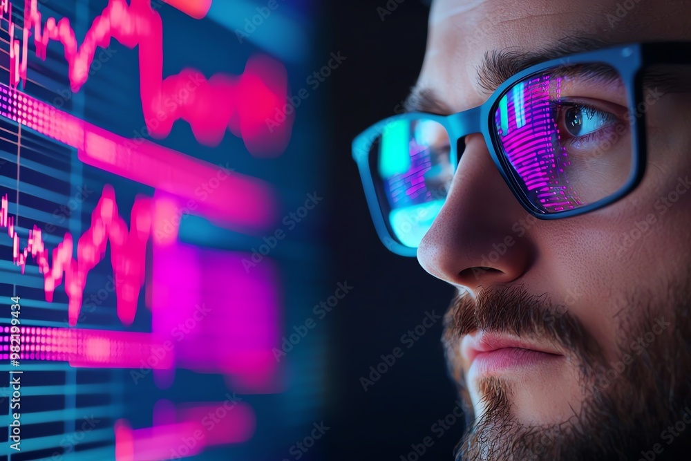 Poster a focused individual analyzes colorful financial data displayed on a digital screen, highlighting mo