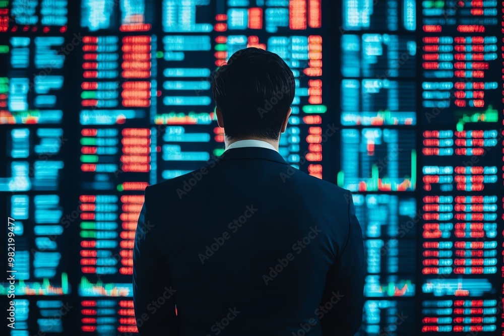 Poster a suited individual observes digital stock market data on a vibrant screen filled with numbers and g
