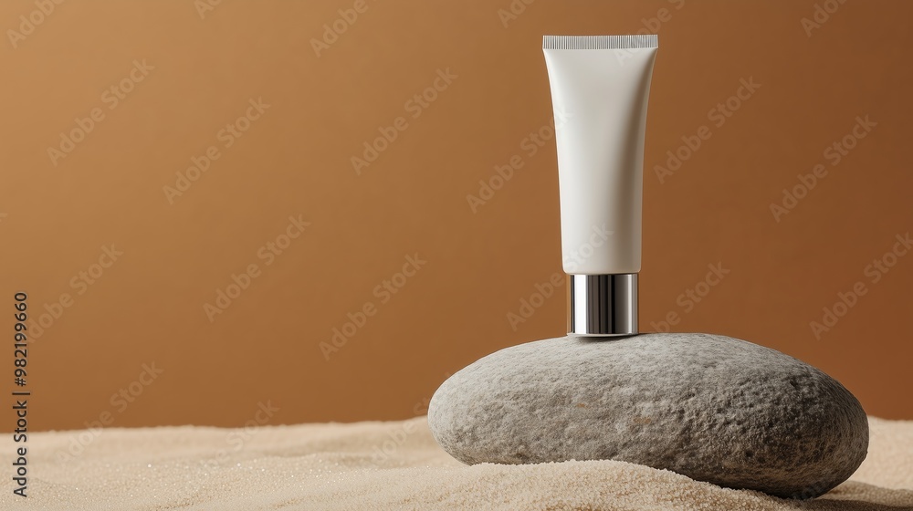 Poster a minimalist display of a skincare product on a smooth stone against a warm background in a serene s