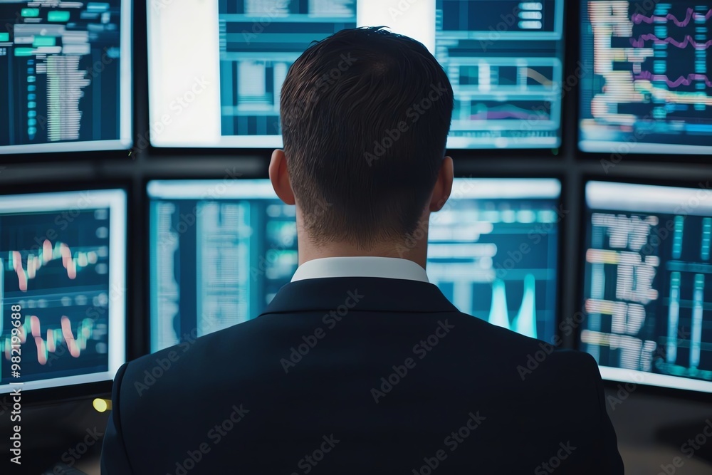 Aufkleber a business professional analyzes multiple financial data screens, showcasing trading dynamics in a h