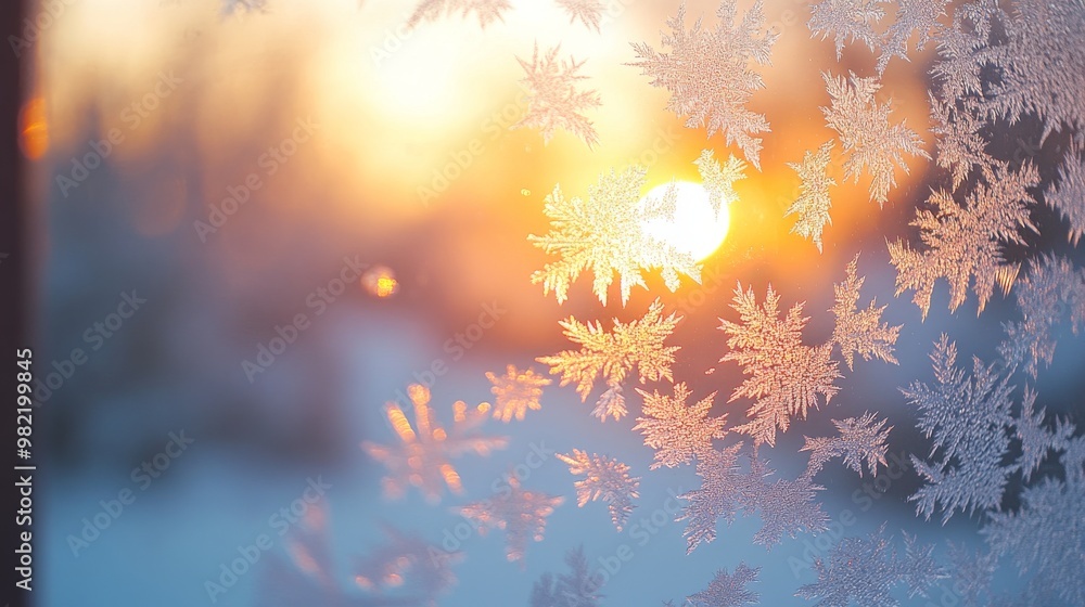 Poster intricate frost patterns on windowpane with sunset glowing through