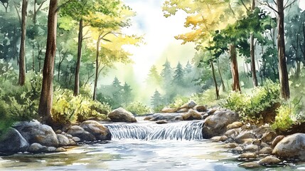Watercolor painting of a stream cascading over rocks in a lush forest.