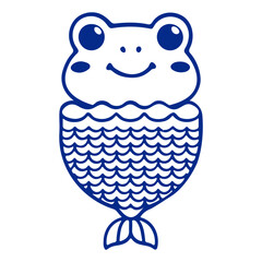 A blue cartoon frog with a smiling face, sitting in water with waves