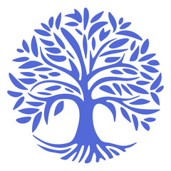 Fototapeta premium A stylized blue tree of life with abstract leaf-like shapes forming the branches and roots