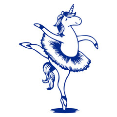 A blue unicorn ballerina dancing on its hind legs, with a tutu and a horn on its head