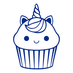 A cute unicorn cupcake with a horn, smiling face, and blue color scheme