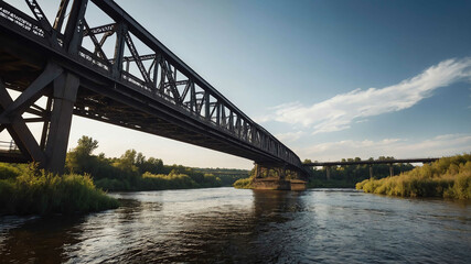 Steel bridge stretching across river background