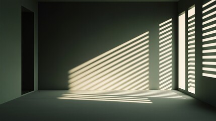 Obraz premium Sunlit Minimalism: Empty room bathed in warm sunlight streaming through window blinds, creating a serene and contemplative atmosphere. 