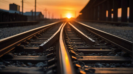 Naklejka premium Steel train tracks leading into sunset background