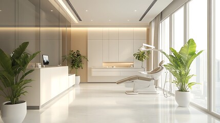 Fototapeta premium Sleek and Modern Dental Office Interior Design with Advanced Equipment and Bright Lighting