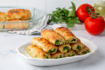Turkish Tepsi Boregi, Round Borek, Tray pastry (Turkish name; rulo borek - sigara boregi). Spinach Pie