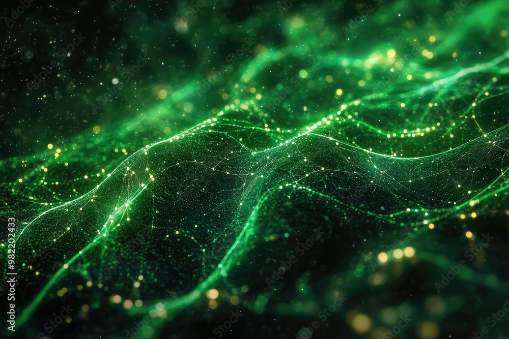 Poster futuristic green wave of network connection with flying particles in cyberspace. neural communicatio