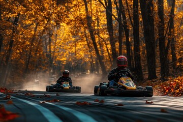Go-kart drivers maneuvering through a course surrounded by the rich, colorful foliage of an autumn canopy, adding to the scenic race experience 