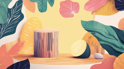 Vibrant Art with Fruits and Leaves in Bright Background