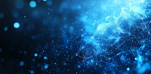 Abstract blue background with glowing dots and geometric shapes.
