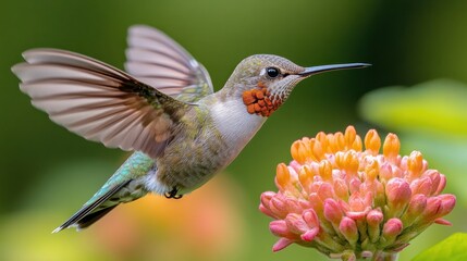 Fototapeta premium A hummingbird hovering near vibrant flowers in nature.