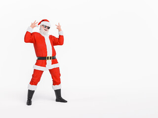 Cool santa claus wearing sunglasses is making a funny gesture on white background