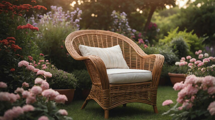 Wicker chair beside flower garden background