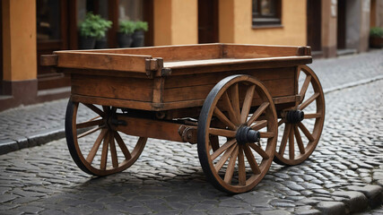 Fototapeta premium Wooden cart on cobblestone street background
