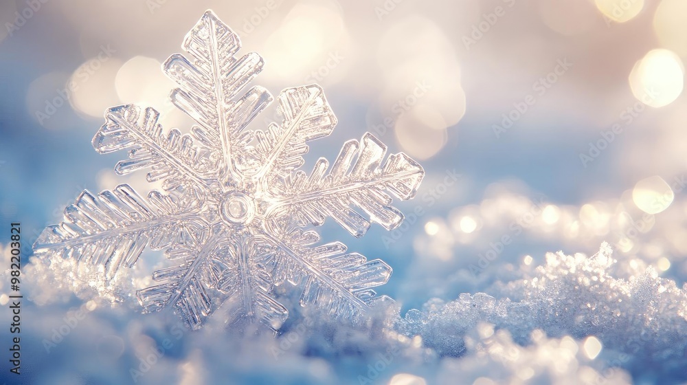 Poster a delicate snowflake resting on a soft blanket of glimmering snow, creating a winter wonderland atmo