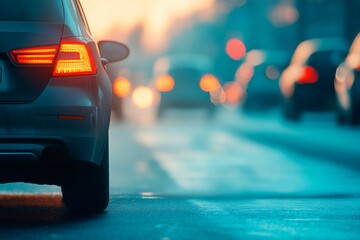 Evening traffic with illuminated taillights on a busy urban road