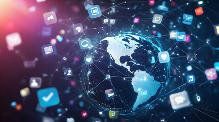 A digital representation of Earth surrounded by various social media and technology icons, symbolizing global connectivity and information exchange.