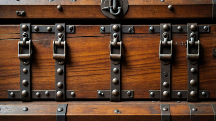 Wooden chest with iron hinges background