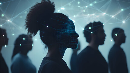 Silhouetted figures against a tech-inspired backdrop, showcasing digital connections and innovation through data visualization.