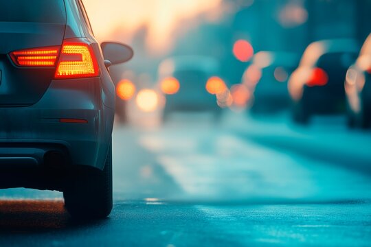 Evening traffic with illuminated taillights on a busy urban road