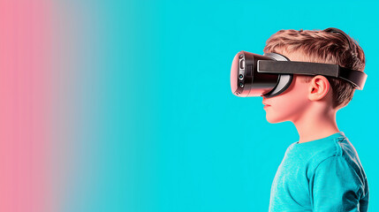 Immersed in Adventure: A Young Boy Dives into Virtual Reality with a Headset in a Minimalist Ambiance, Ready to Explore New Worlds and Experiences from the Comfort of His Home