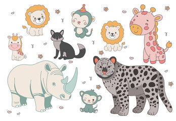 Animals doodle icons. Cheetah, RINO, Monkey, Zebra, fox, wolf, Lion, giraffe isolated vector drawing