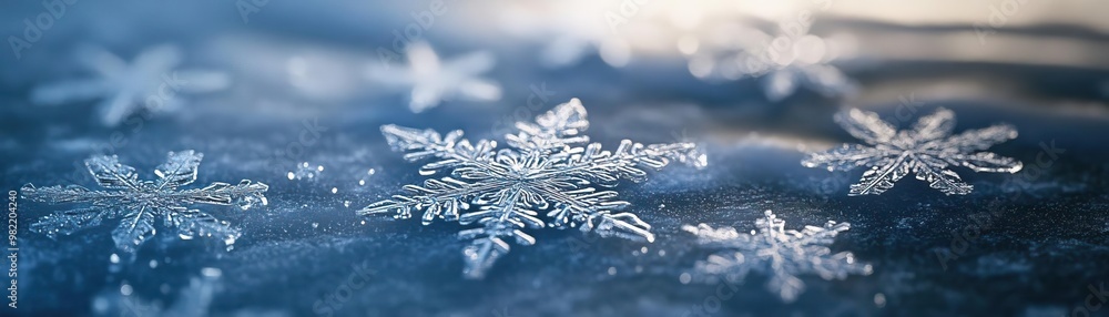 Poster close-up of delicate snowflakes resting on a frozen surface, showcasing intricate crystal patterns a