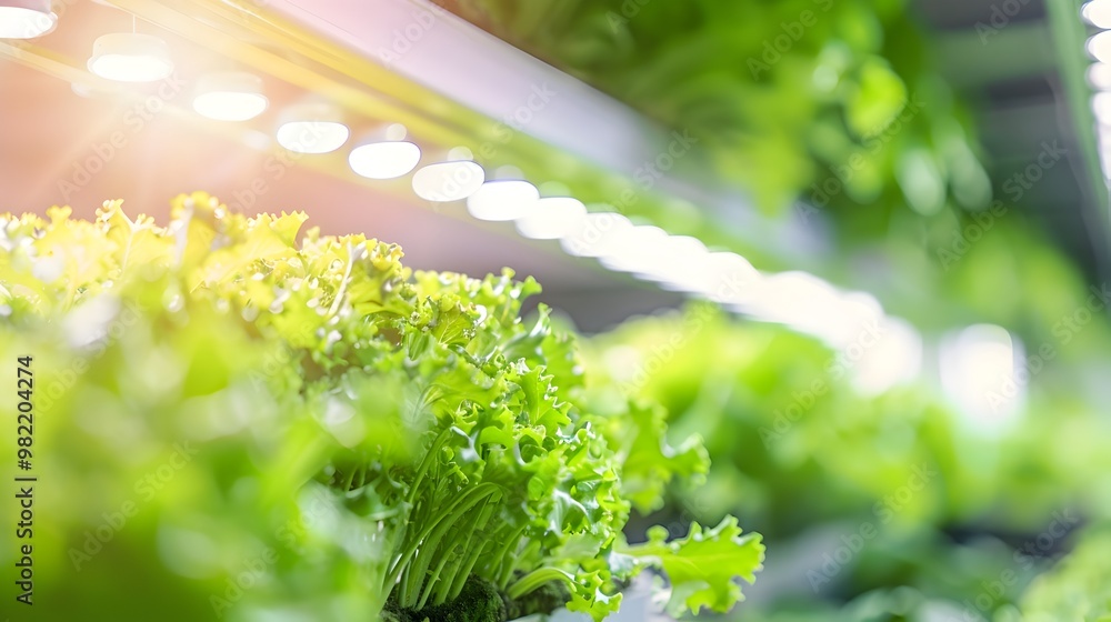 Poster vertical farming facility with led lighting and hydroponic systems optimizing space and resources fo