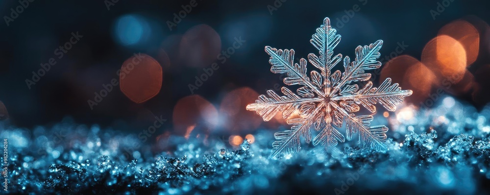Poster close-up of a delicate snowflake shimmering on a bed of sparkly ice with blurred colorful lights in 