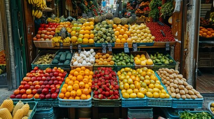 Vibrant Display of Fresh Produce at a Market Stall