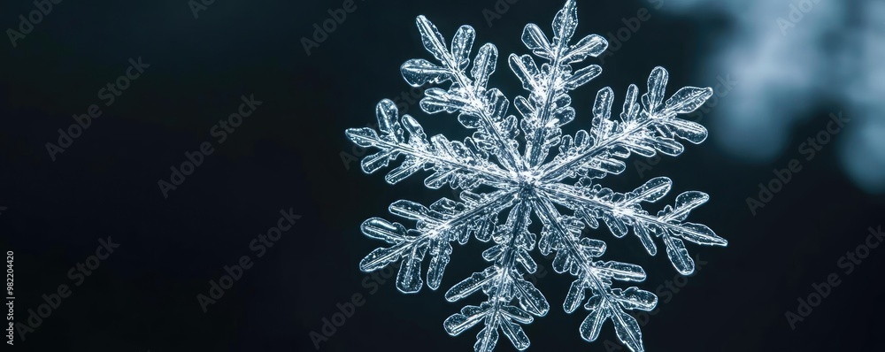 Poster a close-up view of a delicate snowflake, showcasing intricate icy patterns against a dark background