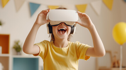 A Young Adventurer's Journey into Virtual Reality: Joyful Exploration in a Playful Room with Colorful Accents and Bright Emotions Captured Through a VR Headset