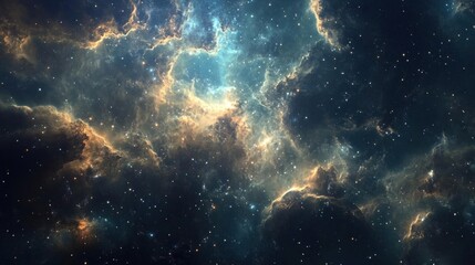 Fototapeta premium A cosmic landscape with swirling nebulae, bright stars, and a dark blue background.