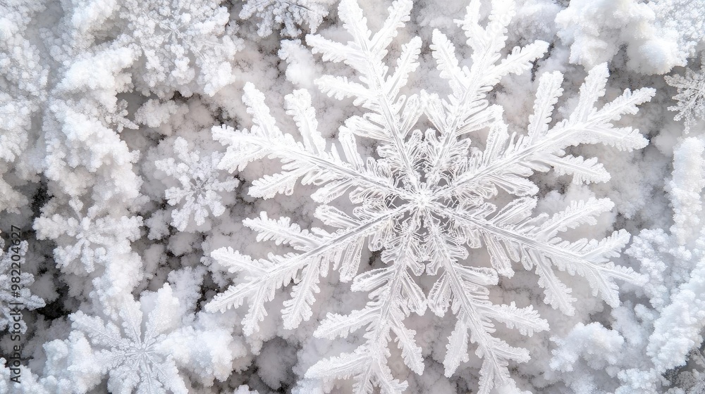 Aufkleber close-up of snowflake on icy surface showcasing intricate patterns and delicate frost details in win