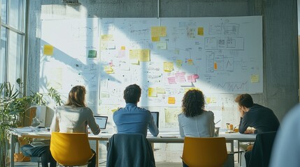 A dynamic shot of a team brainstorming new creative business models, with whiteboards filled with ideas