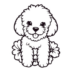 A cute white fluffy puppy with a smiling expression, sitting on a white background