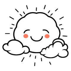 A cute, smiling cloud character with a sun in the background
