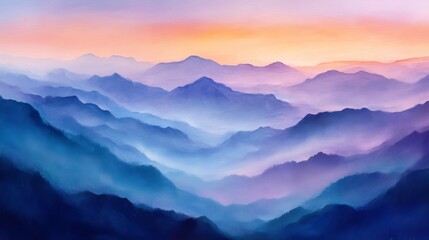 A Painted Landscape of Mountains with a Hazy Sunset