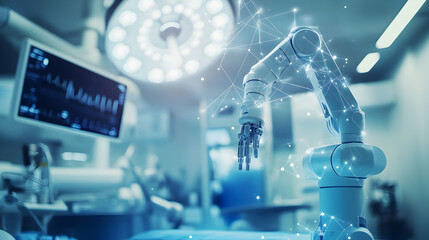 A futuristic robotic arm in a modern medical environment, integrating technology and healthcare for advanced surgical procedures.
