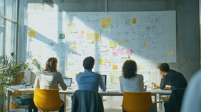 A dynamic shot of a team brainstorming new creative business models, with whiteboards filled with ideas