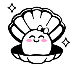 A cute and kawaii black and white clam shell with a smiling face and pink cheeks, surrounded by sparkling stars