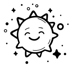A smiling sun with stars and circles around it