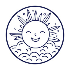 A smiling sun with sun rays surrounded by wavy clouds against a dark blue background