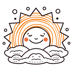 A smiling sun peeking out from behind clouds with geometric shapes and patterns around it