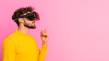 Exploring New Dimensions: A Young Man Engages with Virtual Reality in a Vibrant, Minimalist Space, Capturing the Essence of Digital Innovation and Modern Entertainment.